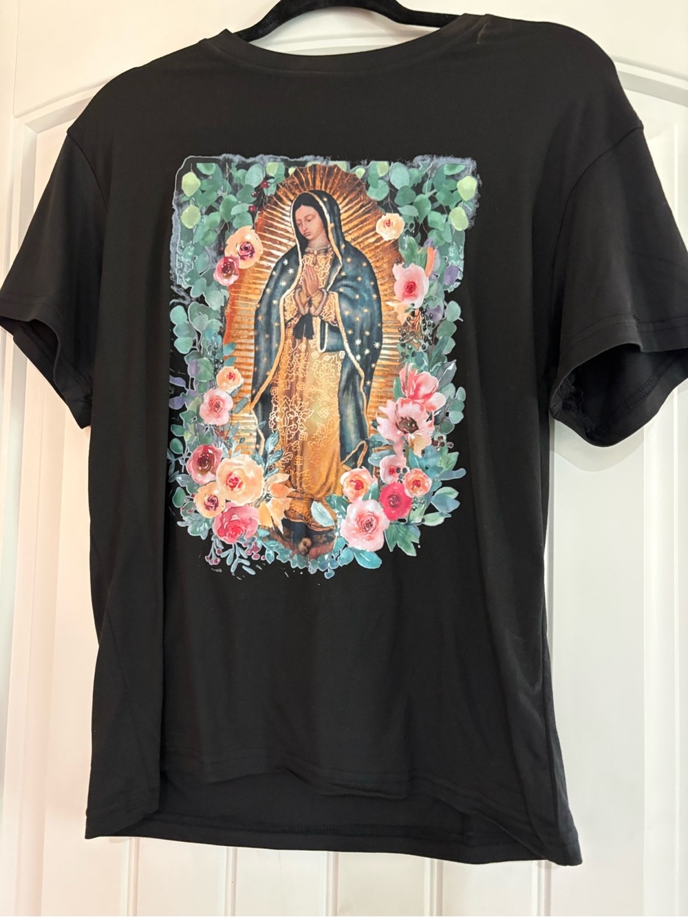 Black Graphic Virgin Mary Tee with Floral Motif